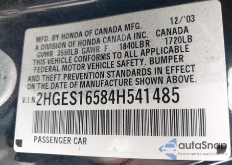 2004 Honda Civic Lx from USA, damaged, VIN 2HGES16584H541485